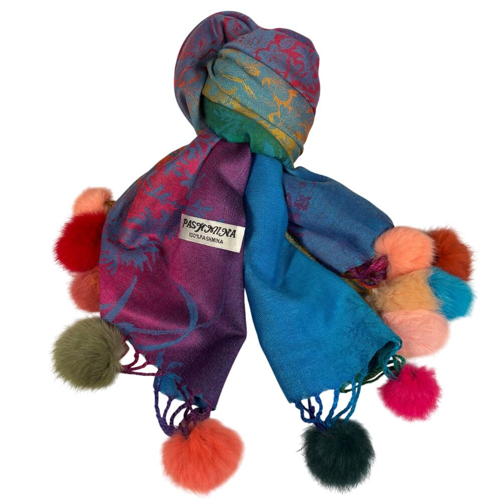 Pashmina Multicolor Rainbow 100% Pashmina Scarf with 100% Rabbit Fur Pom Poms